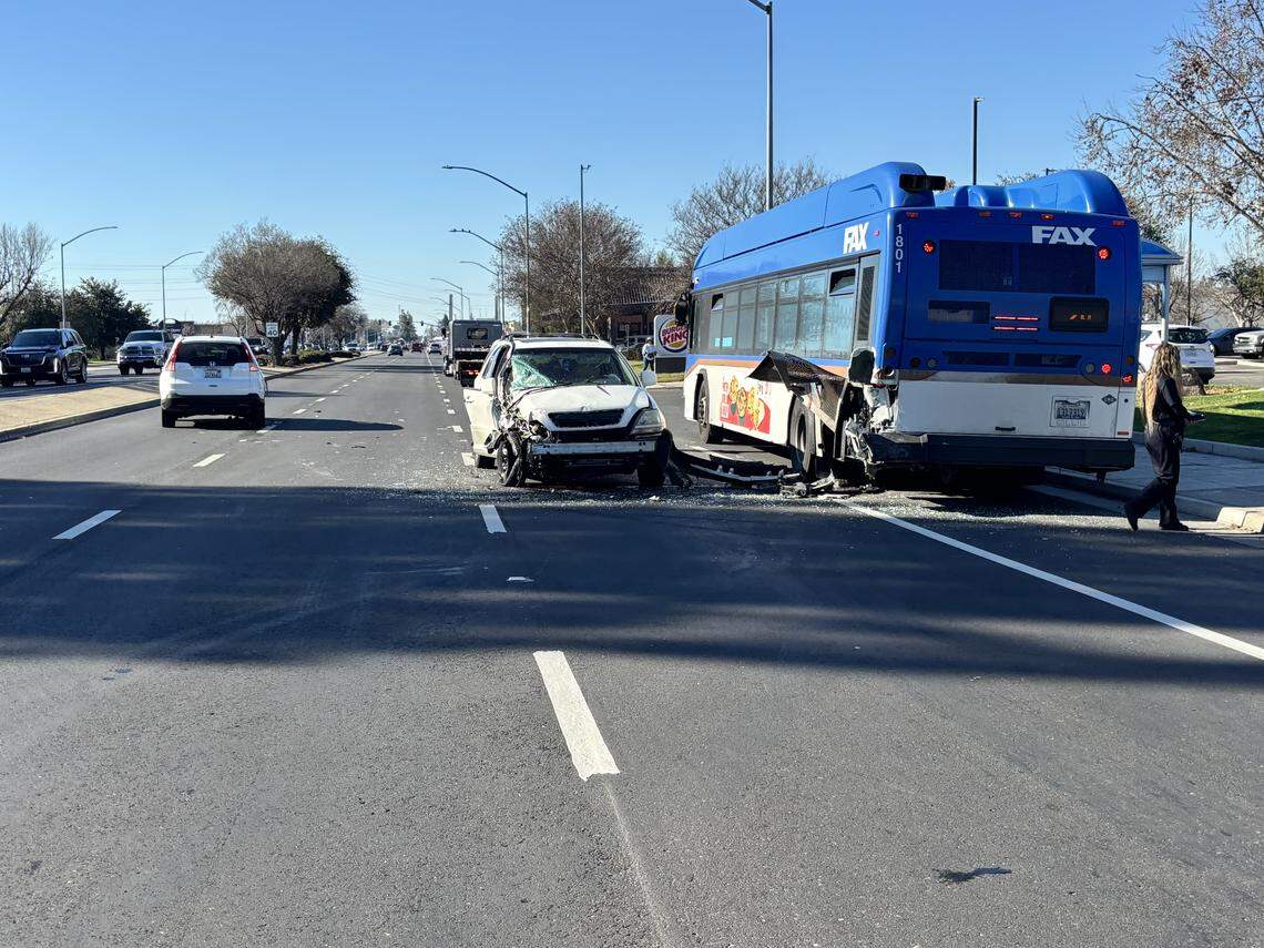 Three people, including a FAX bus driver, were taken to the hospital following a three-vehicle collision at Shaw and Valentine avenues on Friday, Jan. 9, 2026.