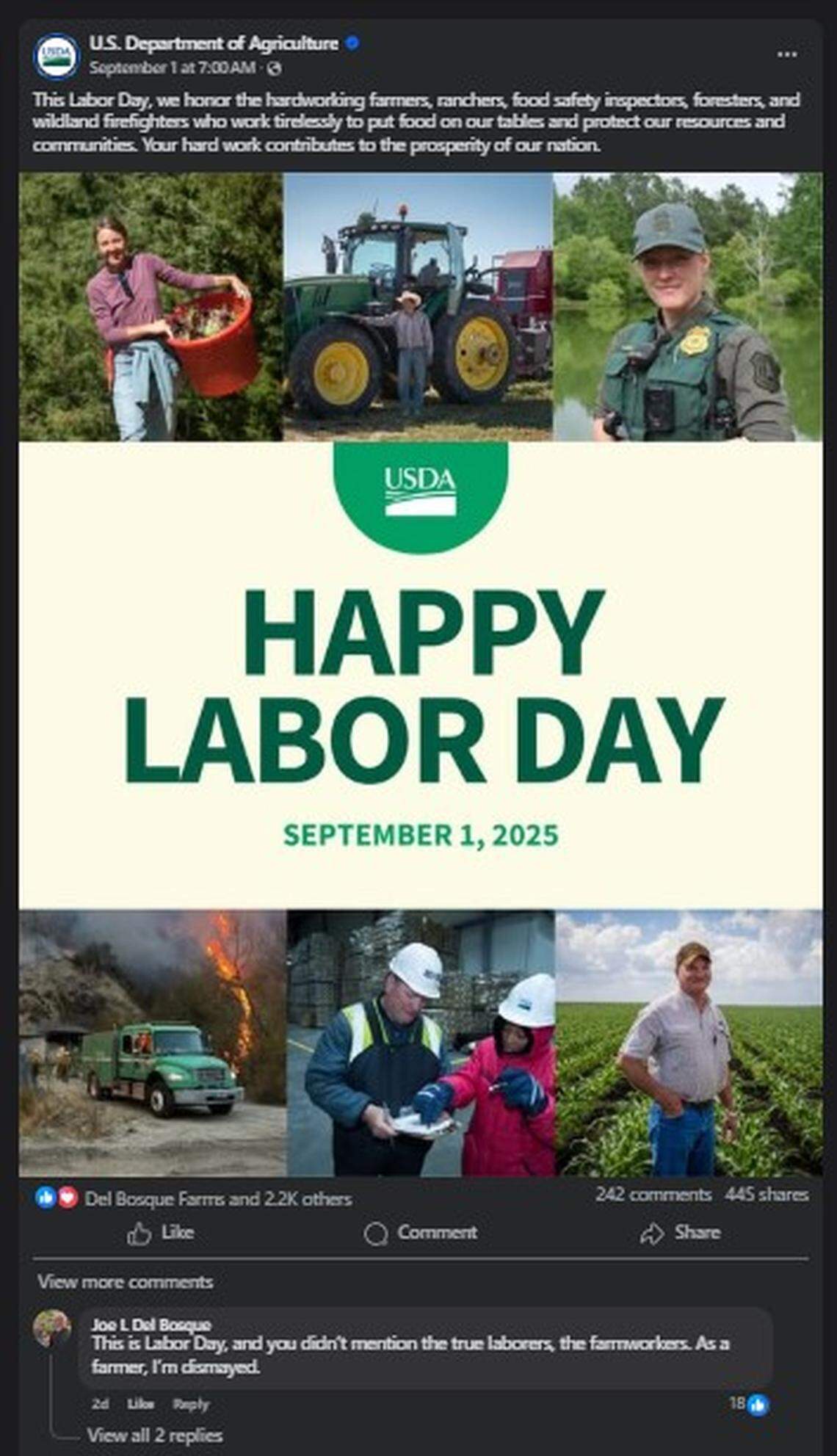 Tthe U.S Department of Agriculture’s post celebrating Labor Day on social media on Monday, Sept. 1, 2025 failed to mention farmworkers, a critical workforce in the Central Valley’s agriculture industry.