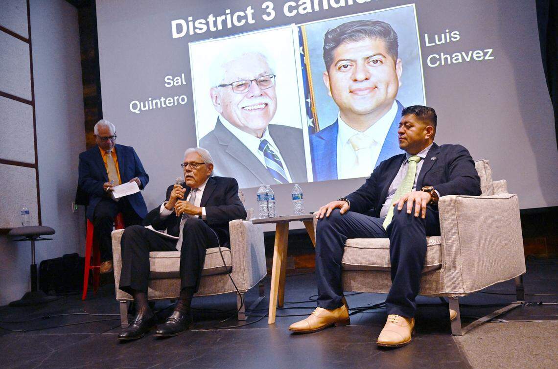 Incumbent Sal Quintero, left, and challenger Luis Chavez, right, participate in a live-streamed discussion for the Fresno County Board of Supervisors District 3 race Wednesday night, Oct. 2, 2024 in Fresno.