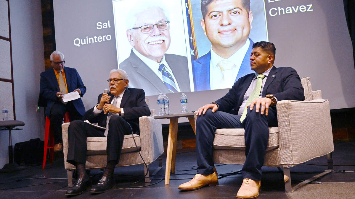 Incumbent Sal Quintero, left, and challenger Luis Chavez, right, participate in a live-streamed discussion for the Fresno County Board of Supervisors District 3 race Wednesday night, Oct. 2, 2024 in Fresno.