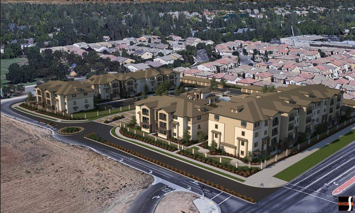 Rendering of a three- and four-story apartment complex containing 82 units proposed for the northwest corner of Herndon and Prospect avenues in northwest Fresno, as submitted to the City of Fresno in 2024.