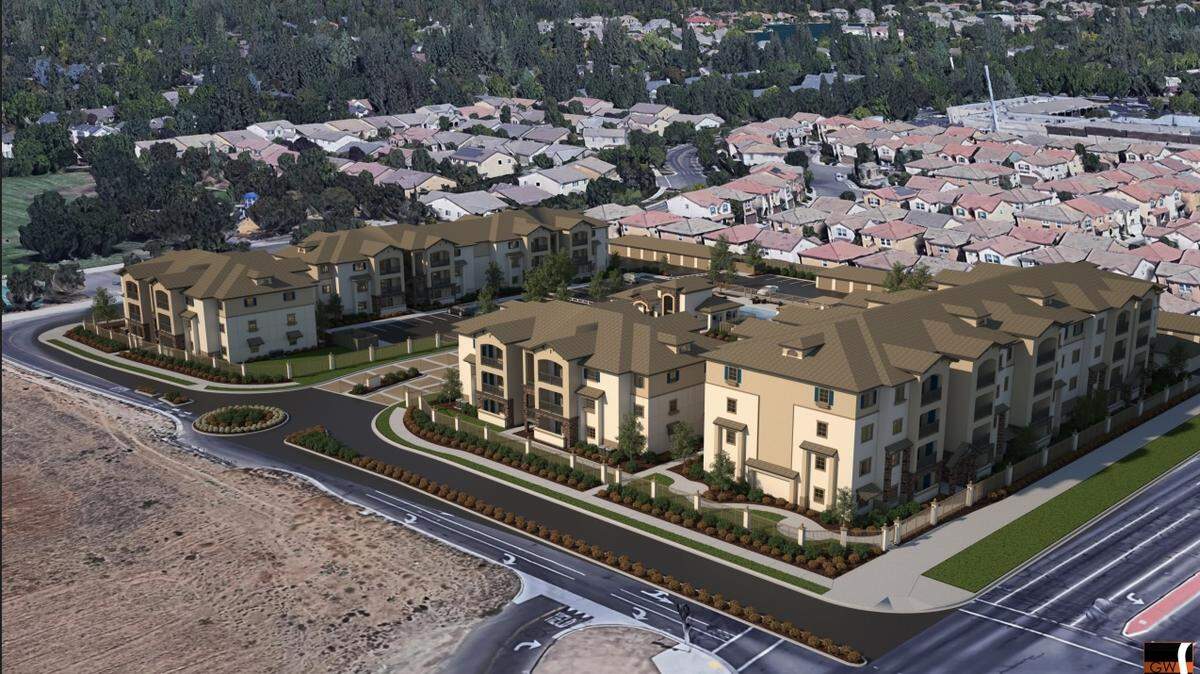 Rendering of a three- and four-story apartment complex containing 82 units proposed for the northwest corner of Herndon and Prospect avenues in northwest Fresno, as submitted to the City of Fresno in 2024.