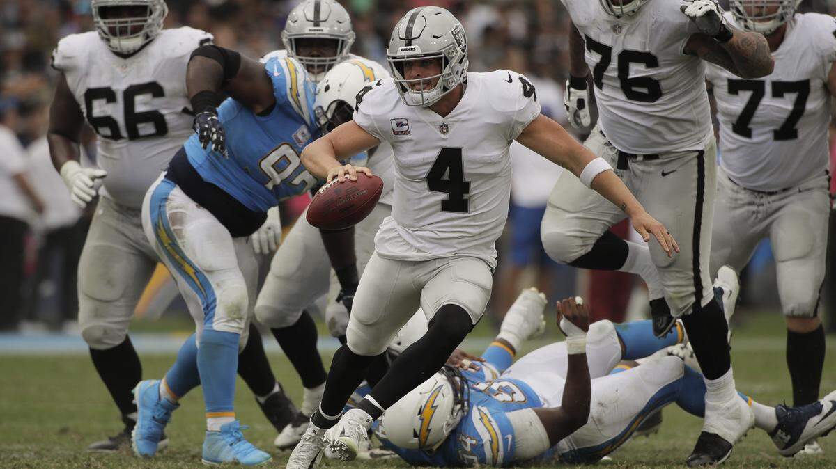 Oakland Raiders quarterback Derek Carr scrambles during the second half of an NFL football game against the Los Angeles Chargers Sunday, Oct. 7, 2018, in Carson, Calif.