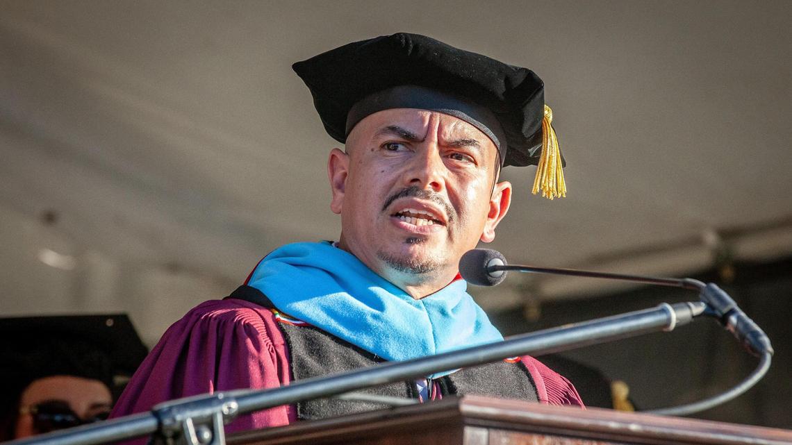Madera Community College Angel Reyna speaks during the 2024 graduation ceremony at the college in Madera on May 17, 2024.