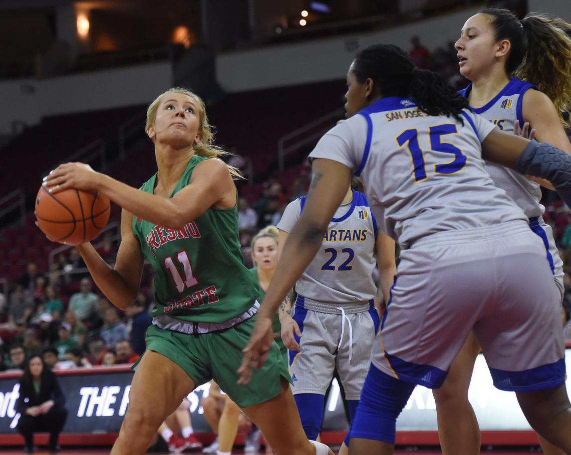 Fresno State forward Maddi Utti, pictured in action earlier this season, had a double-double in the first half and finished with 22 points, 15 rebounds and six assists in the Bulldogs’ 94-68 victory over the San Jose State Spartans in a semifinal at the Mountain West Conference Tournament, Tuesday, March 3, 2020.