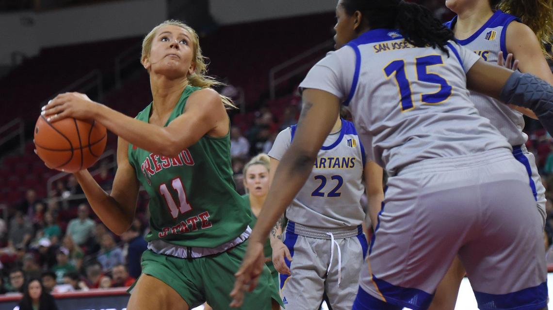 Fresno State forward Maddi Utti, pictured in action earlier this season, had a double-double with 15 points and 11 rebounds, but the Bulldogs lost at Wyoming 64-55 Thursday, Feb. 27, 2020. The Bulldogs head to the Mountain West Tournament as the No. 1 seed, but have dropped two of their past three games.
