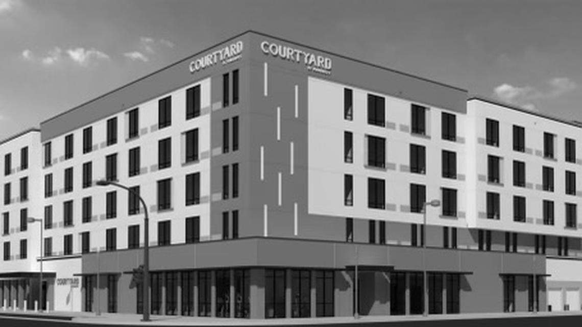An exterior rendering of a five-story, 144-room hotel to be completed by December 2024 on an empty lot at the northeast corner of Inyo and M streets next to the Fresno Convention Center in downtown Fresno, California.