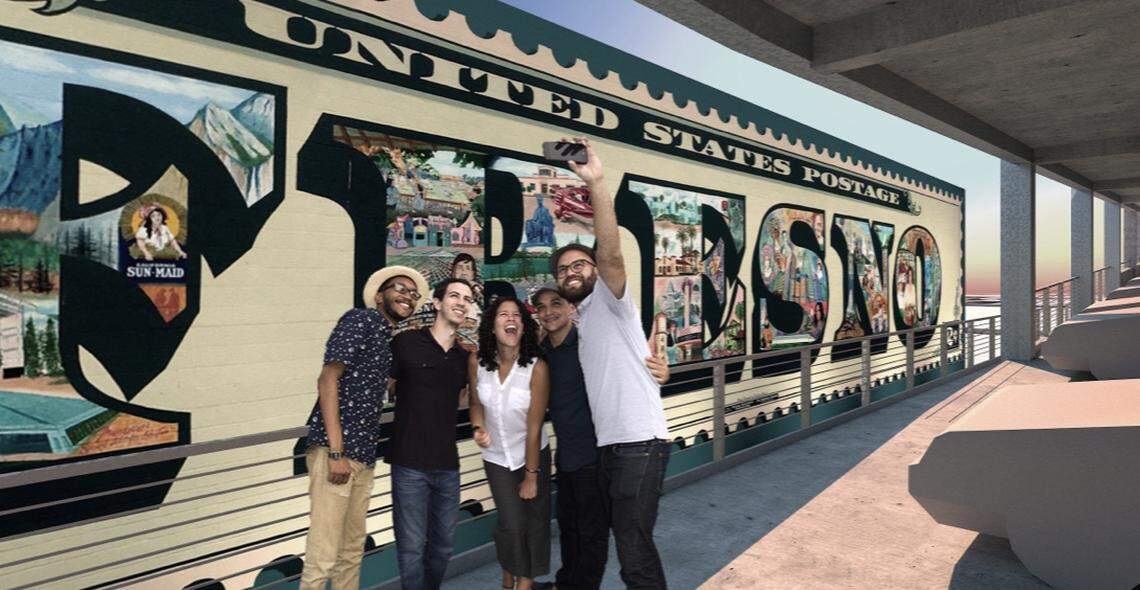 Fresnans pose for a group selfie in front of the Fresno postage stamp mural from a viewing platform in this artist’s rendition, part of a proposal for a mixed-use housing, retail and parking complex.