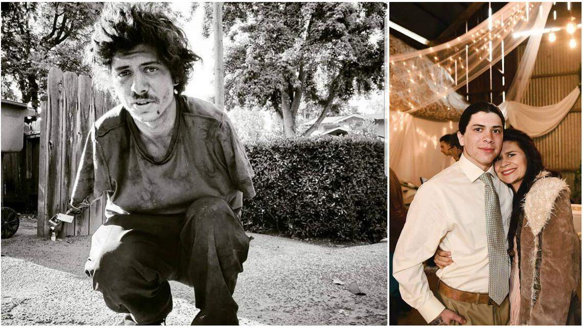 Michelle Garcia and her son Michael at a wedding last year, right, and a photo of Michael in Fresno recently.