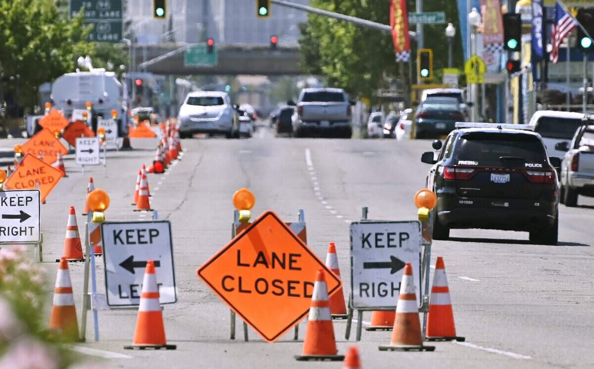 Construction to reduce the three vehicle lanes to two in each direction along a portion of Blackstone Avenue kicked off on June 8. It's one of many initiatives to revitalize the corridor. Photographed Tuesday, June 16, 2026 in Fresno.