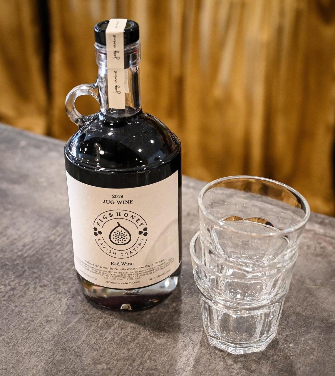 Jug wine custom labeled for Fig & Honey from Pianetta Winery in Paso Robles is now available at Lune Wine Bar & Eatery in downtown Fresno.