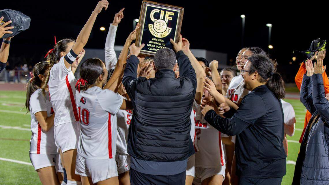 Kerman High celebrates a Central Section Division III title, winning on penalty kicks over Torres on Tuesday, Feb. 24, 2026.
