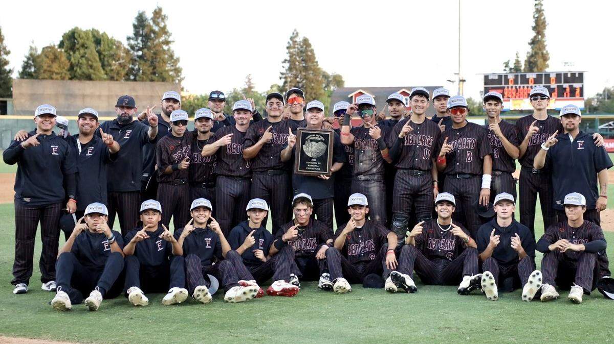 Fowler poses for a Central Section Division III title after a 10-1 victory over Morro Bay on Thursday, May 29, 2025.