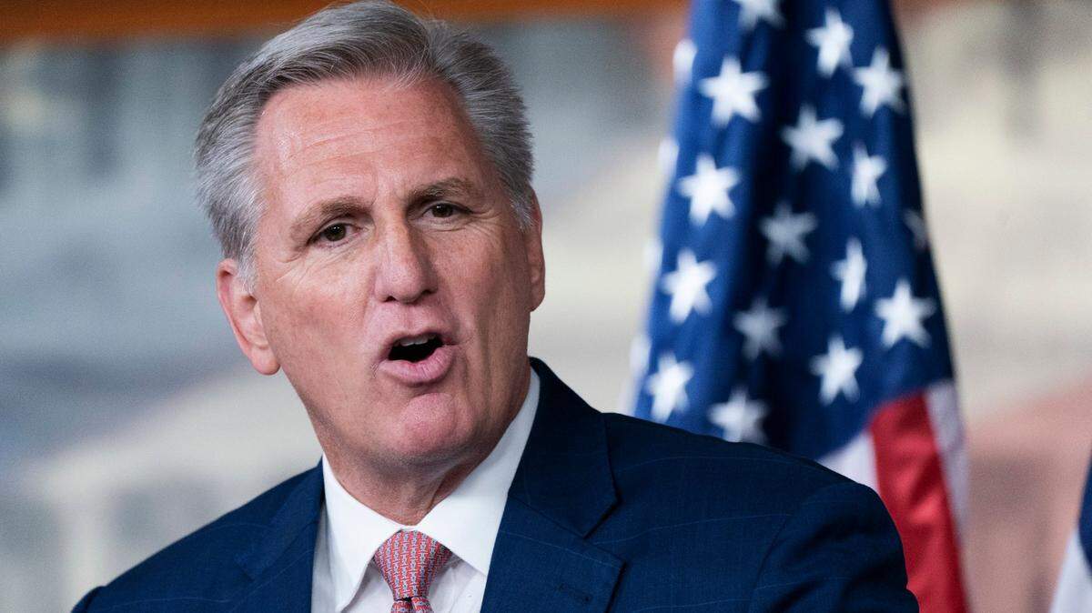 House Minority Leader Kevin McCarthy, of Bakersfield-Clovis, speaks during a news conference on the House Jan. 6 Committee.