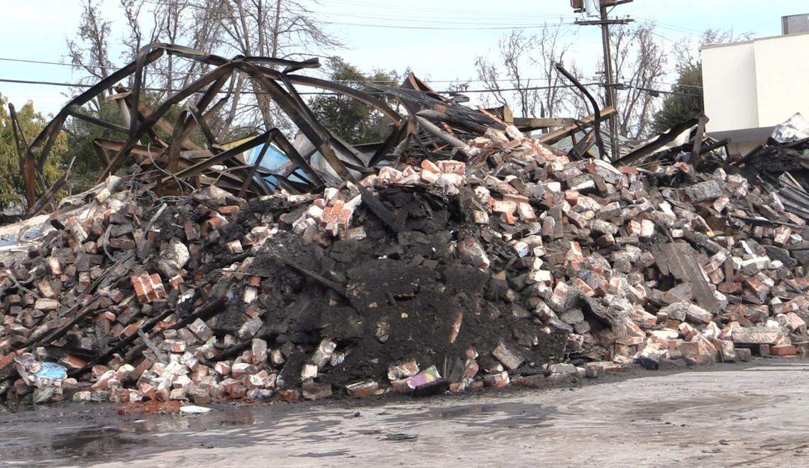 A two-alarm business destroyed a building in Fresno, California on Wednesday, Feb. 12, 2025.