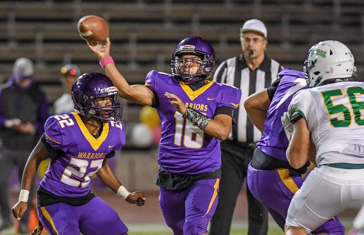 Fresno quarterback Ivan Santamaria throws downfield against Roosevelt during the 92nd annual Little Big Game between the two schools at Ratcliffe Stadium in Fresno on Friday, Oct. 28, 2022.