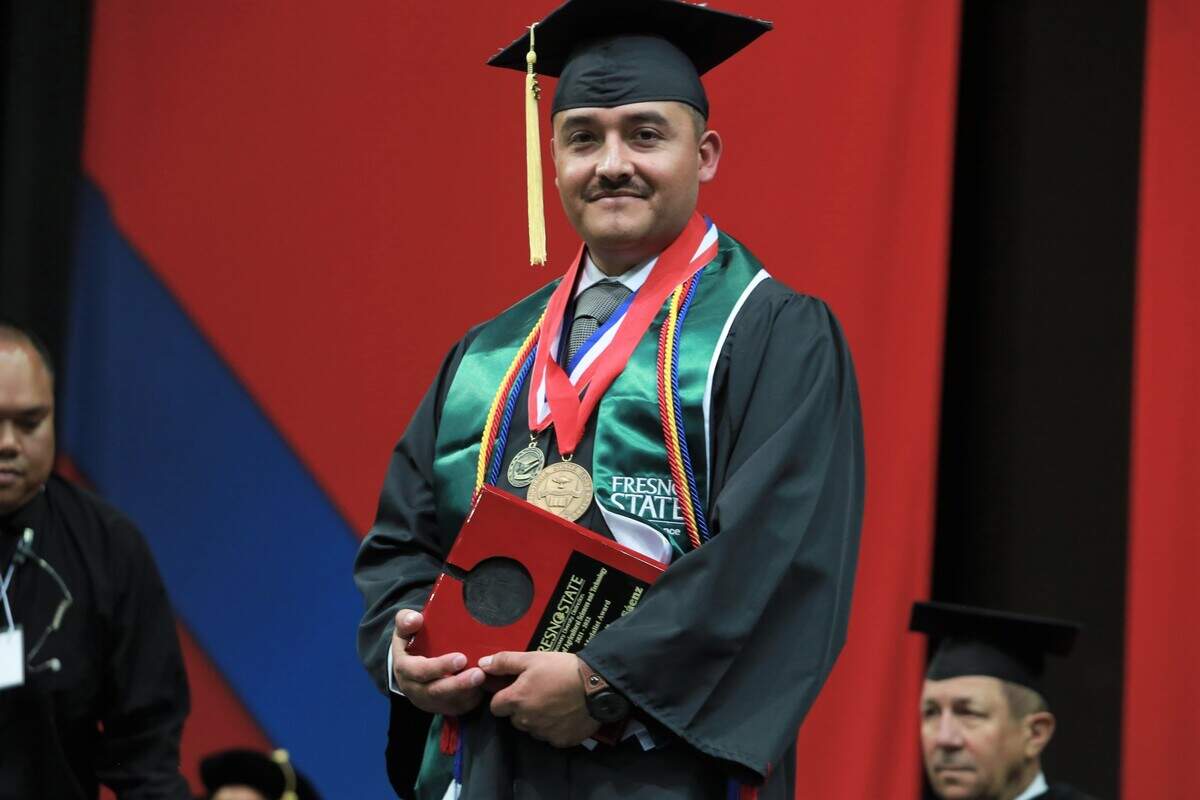 Fresno State’s Héctor Jácome-Sáenz during the Jordan College of Agricultural Sciences and Technology graduation ceremony Friday (May 20) afternoon at the Save Mart Center. Jácome-Sáenz was selected as the undergraduate dean’s medalist for the Jordan College of Agricultural Sciences and Technology. He earned his bachelors’ degree in plant science with a 4.0 GPA.