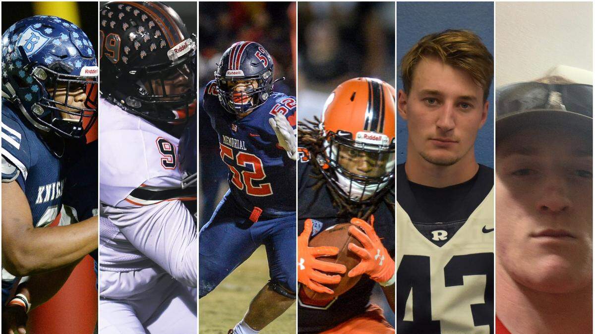 Here are the candidates for The Fresno Bee’s Defensive Player of the Year from left to right: Jalen O’Neal of Bullard, Ricky Correia of Central, Tobin Phillips of San Joaquin Memorial, Je’kob Jones of Central, Hudson Walker of Redwood and Tyler Mello of Hanford. Not pictured is Jose Valencia of Tulare Western.