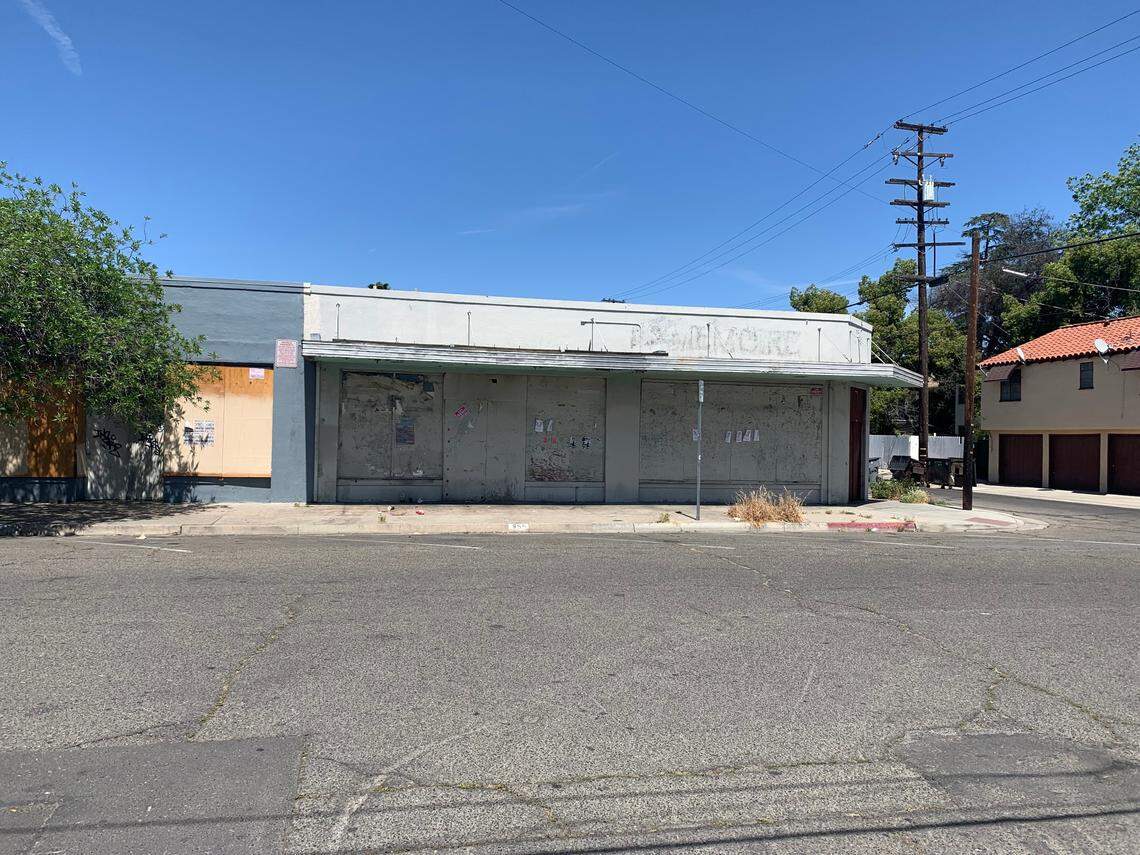 Once avant-garde and now forlorn: The former Cafe Midi at the corner of Fern and Maroa avenues is now a camping spot for Fresno’s down-and-out.