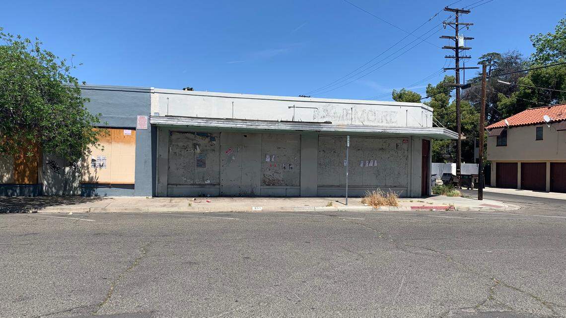 Once avant-garde and now forlorn: The former Cafe Midi at the corner of Fern and Maroa avenues is now a camping spot for Fresno’s down-and-out.