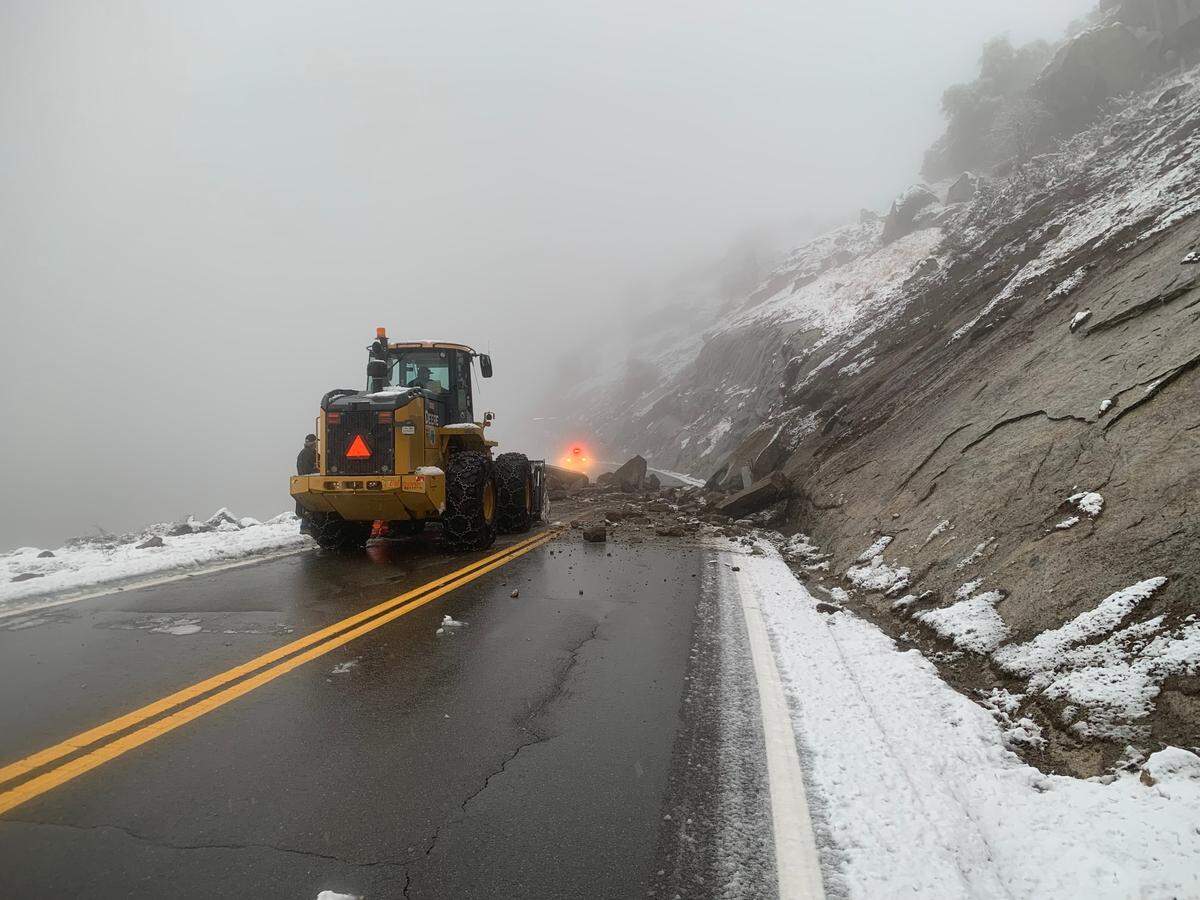 Massive boulders fell onto Highway 180 on Tuesday, Dec. 14, 2021, during a rockslide in rural Fresno County near Dunlap.