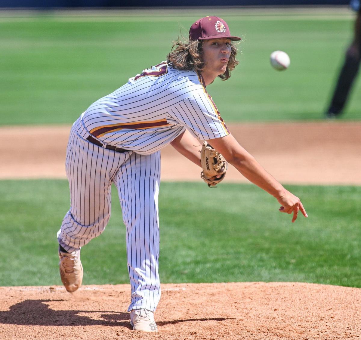 Sierra’s Noah Mitchell pitches against Mendota during their Central Section Division VI baseball championship game at Pete Beiden Field on Saturday, May 28, 2022.