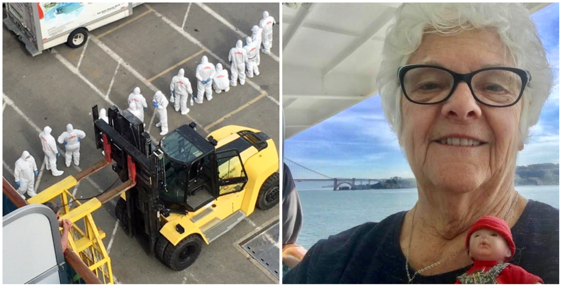 Paula Yost, pictured at right, with a plastic baby doll on the Grand Princess cruise ship; and people dressed in hazmat suits in the Port of Oakland, as seen from a balcony of the ship that docked in Oakland on March 9, 2020.