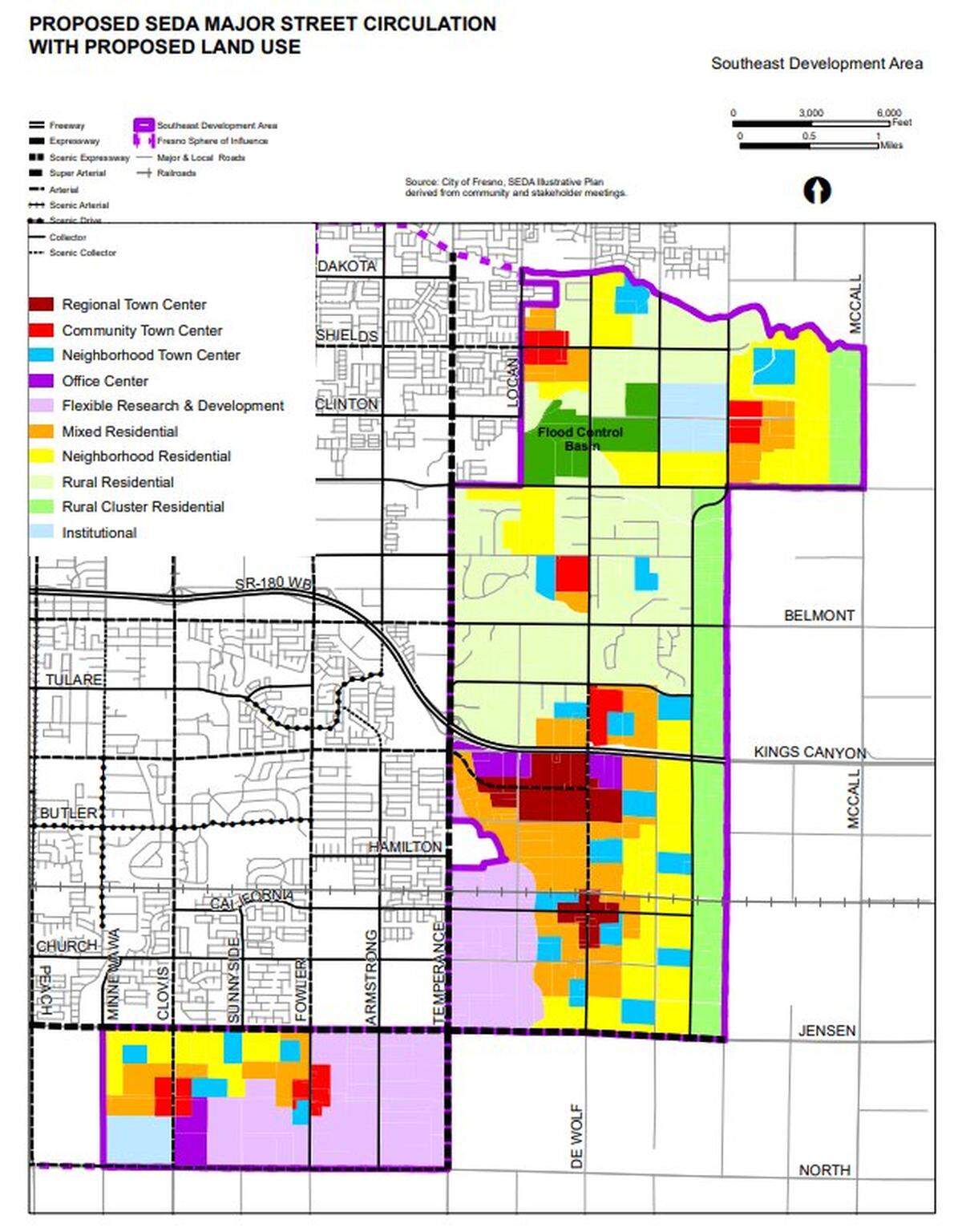 A map showing the city’s Southeast Development Area. The south section will be the first phase. Note: the original story featured a previous SEDA map.