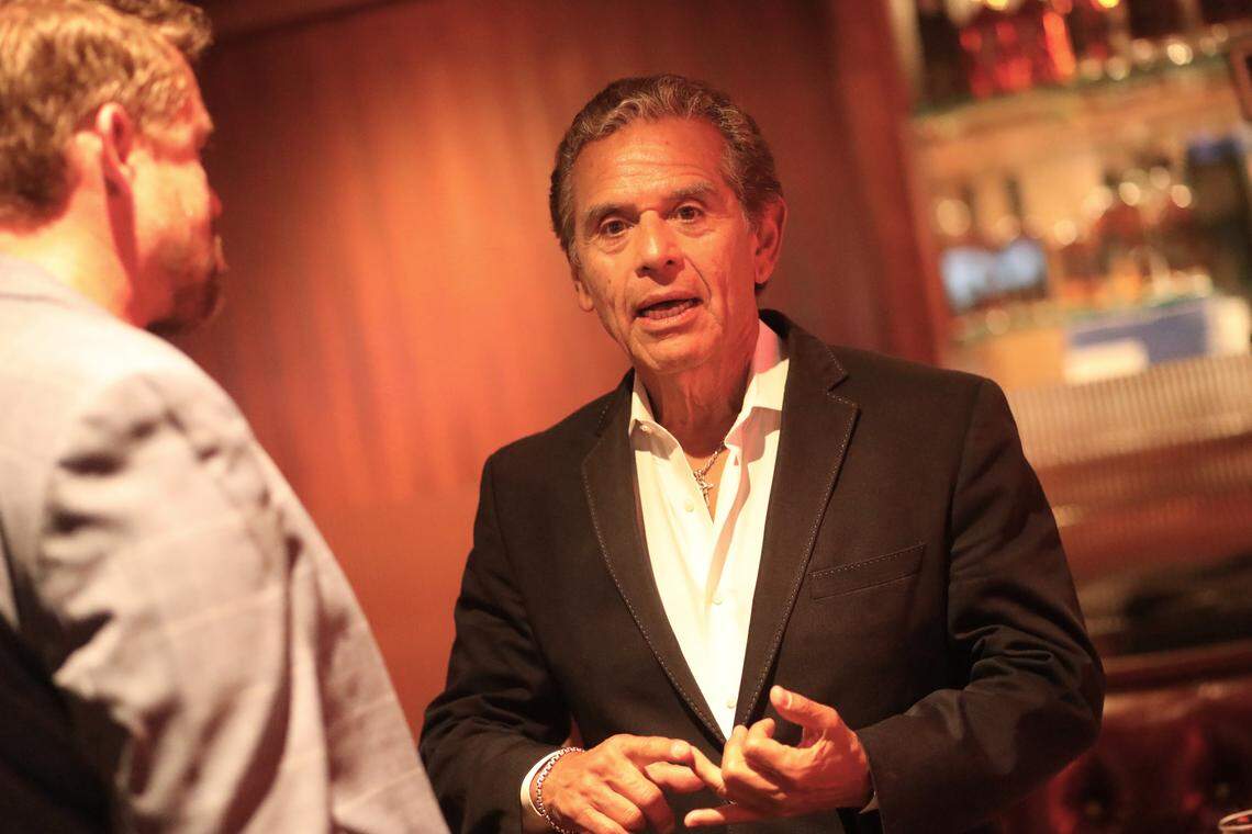 Antonio Villaraigosa, former mayor of Los Angeles, who is running for governor for the second time, talks with Zachary Frazier, president and CEO of the American Pistachio Growers at the Elbow Room restaurant in Fresno on Aug. 13, 2025 during pistachio week on what Villaraigosa describes as a “listening tour” in his gubernatorial campaign.