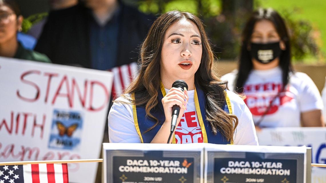 Elizabeth Meza Torres of Services, Immigrant Rights and Education Network and a DACA recipient, speaks during a press conference to commemorate the 10-year anniversary of the Deferred Action for Childhood Arrivals, or DACA, in front of the Robert E. Coyle Federal Building in Fresno on Wednesday, June 15, 2022.