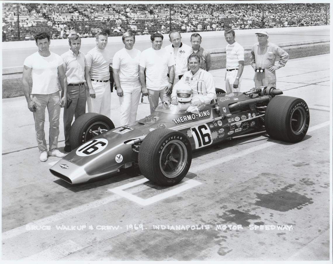 Race car driver Bruce Walkup and crew at the Indianapolis Motor Speedway in 1969. Mickey Kaitangian is pictured at left.