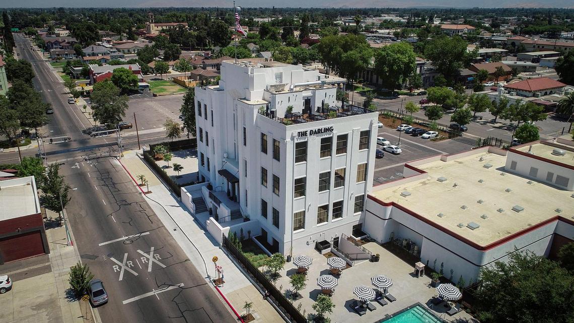 The Darling Hotel, formerly the Tulare County Courthouse Annex, is now open after a major renovation project. The hotel features a pool and rooftop bar and restaurant, which gives visitors a birds-eye view of Visalia and the nearby Sierra Nevada mountains.