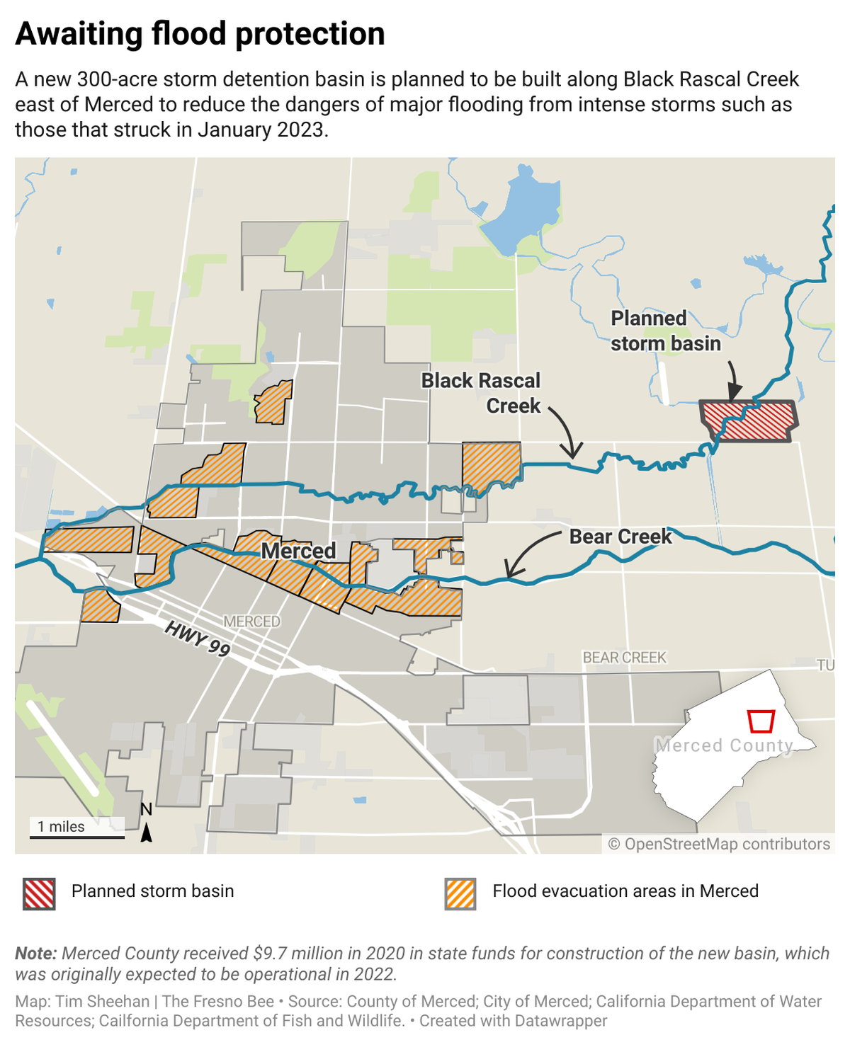 Map of proposed flood-control basin east of Merced, along with streams and flood activation zones.