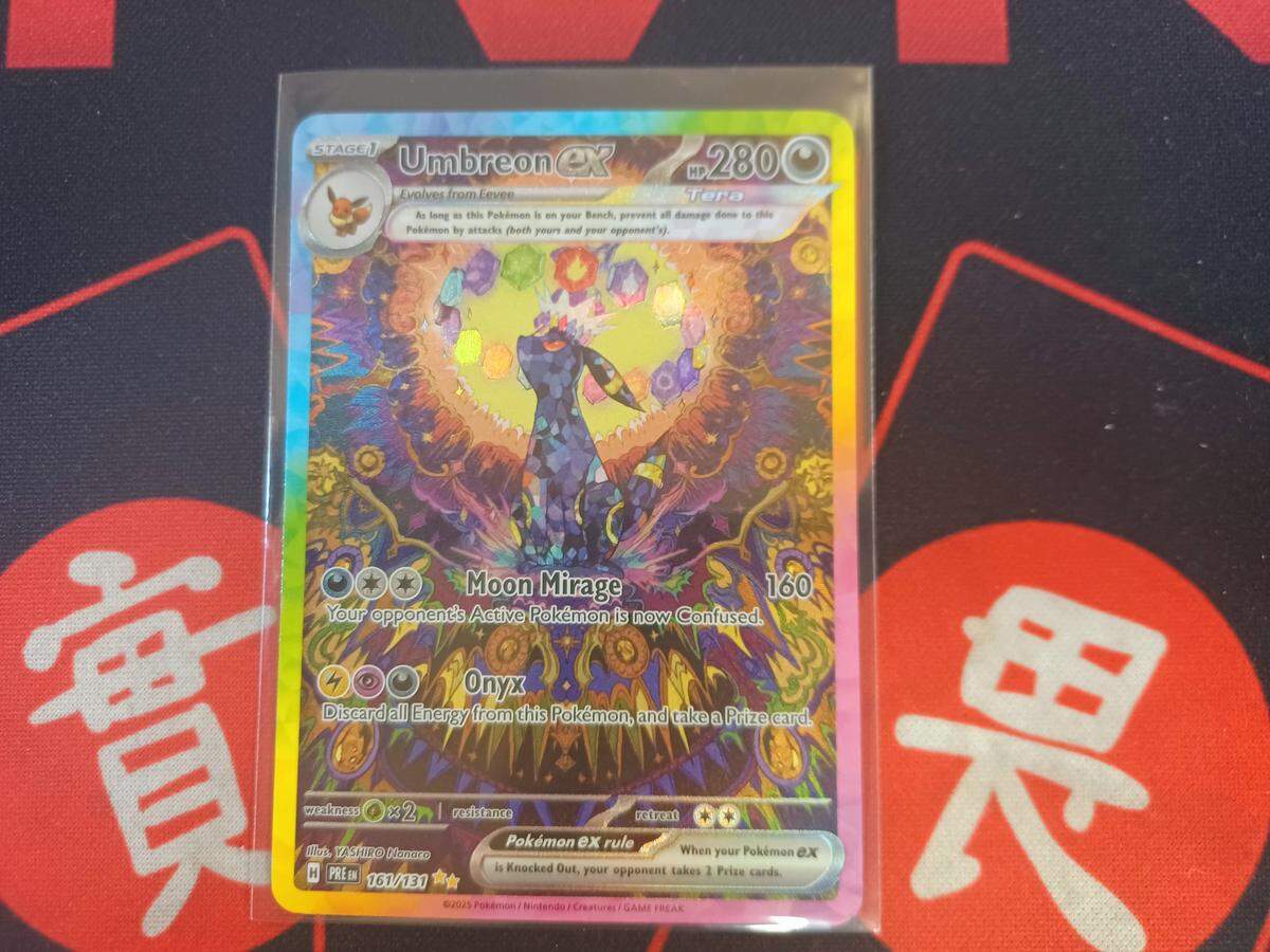 Pokemon cards don’t always have to mature over many years before becoming worth a lot of money. This Umbreon EX #161 card from the “Prismatic Evolutions” set, as shown at the TVN Sports Cards & Collectibles in central Fresno, is valued at more than $1,000. It can be potentially obtained from opening a pack of cards printed just this year.
