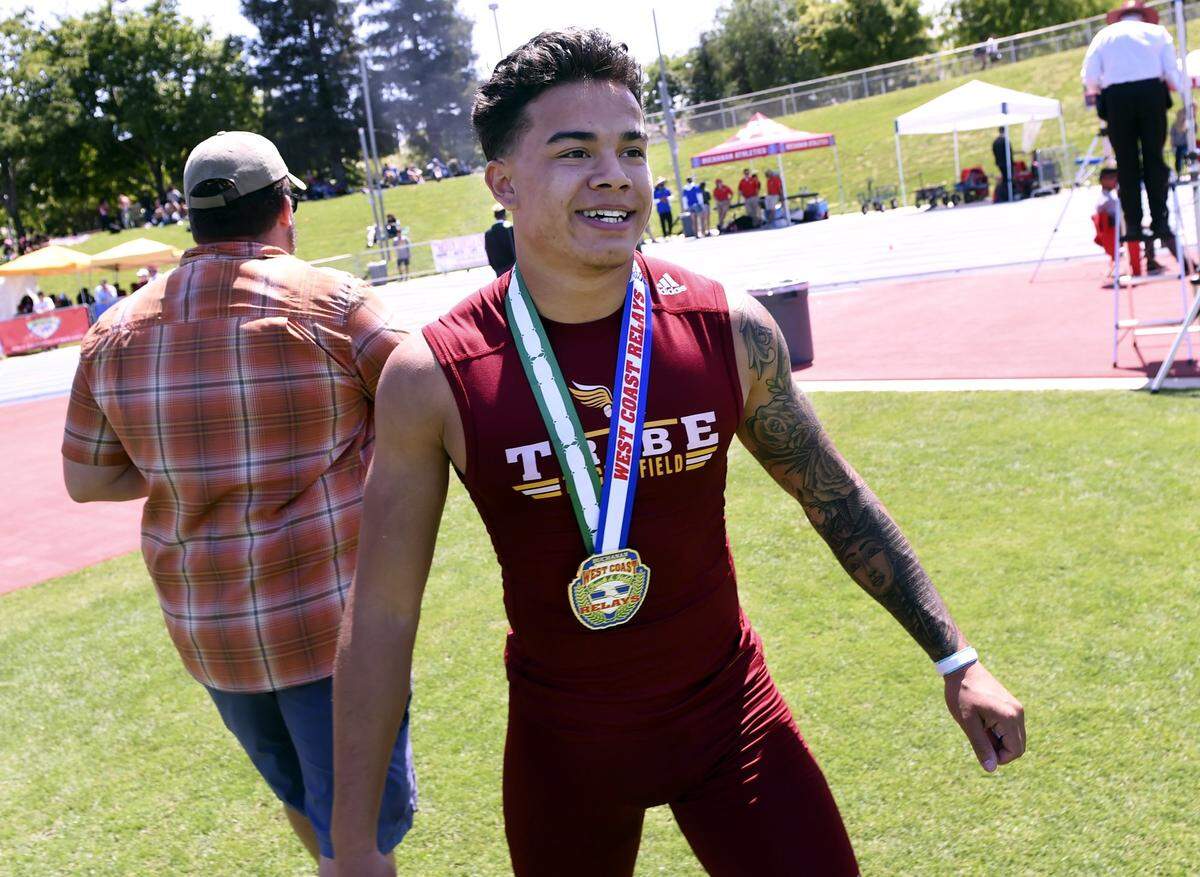 Tulare Union's Kazmeir Allen after winning the Boys 100m Dash Invitational at this year's West Coast Relays, held Saturday, April 14, 2018 in Clovis.