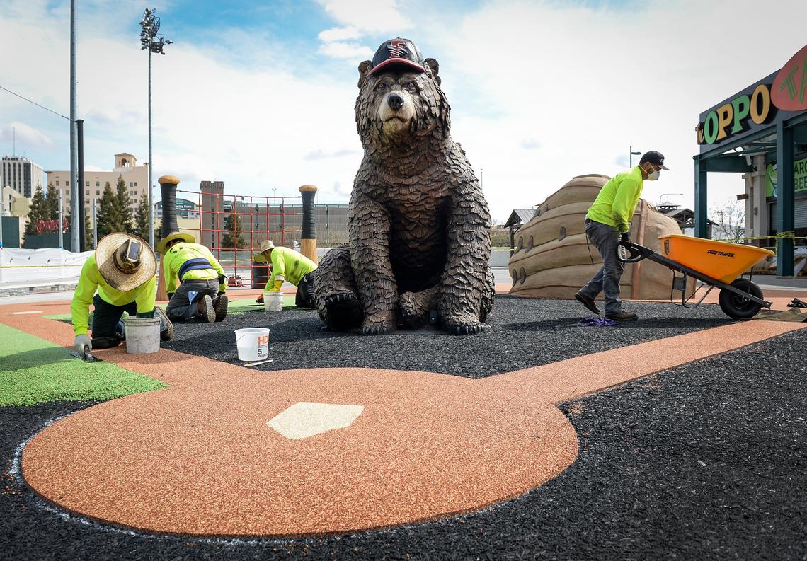 Workers near completion of a 1,500-square-foot water park presented by Community Medical Centers in the right-field corner area at Chukchansi Park. This is part of a $3.4 million capital improvement project by the Fresno Sports & Events LLC ownership group at the park, set for opening day of the 2019 Pacific Coast League season Thursday night against Reno.