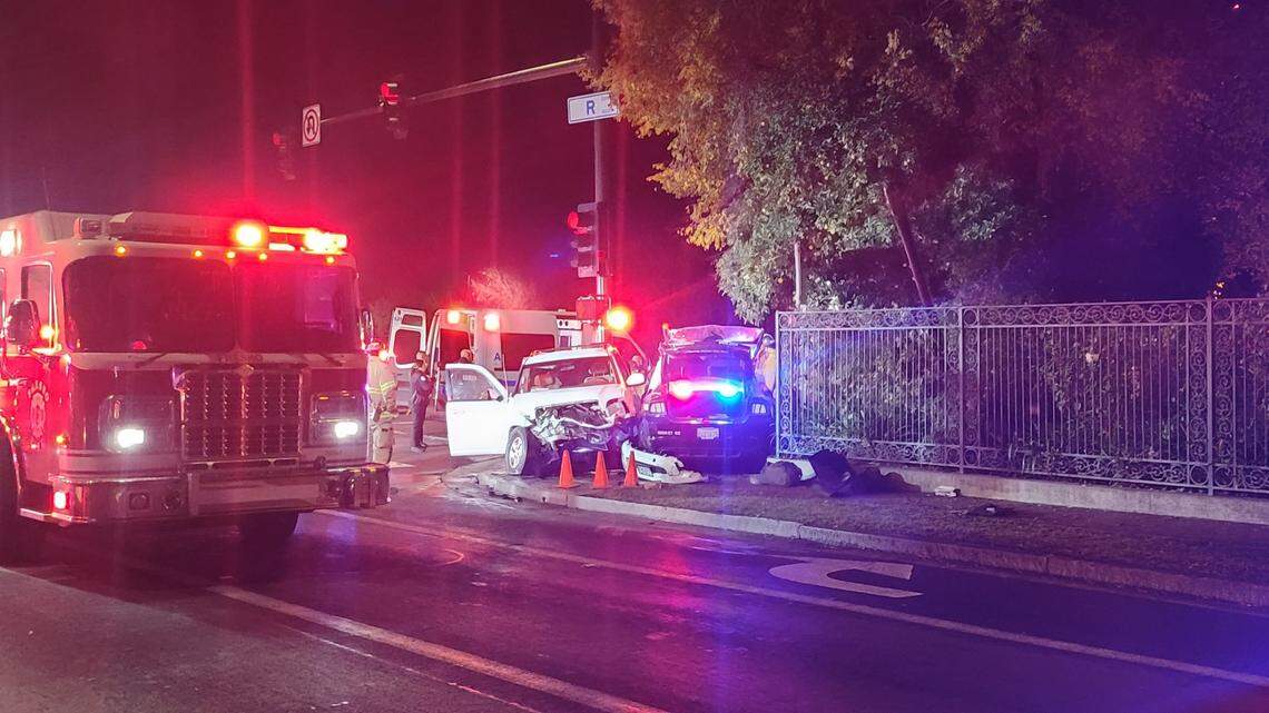 A Fresno Police officer was involved in a crash Thursday night in downtown Fresno that required emergency crews to remove the roof of the squad car to free the policeman.&nbsp;