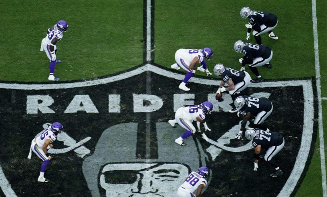 The Las Vegas Raiders starting offensive line against the Minnesota Vikings in the preseason game on Sunday, Aug. 14, 2022.