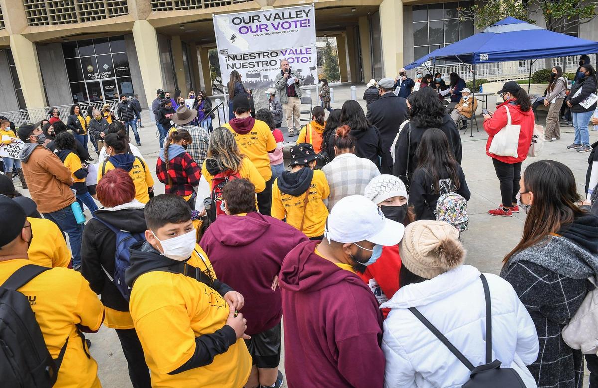 Marchers listen to speakers demanding fairness in redistricting Saturday, Dec. 4, 2021, at the Fresno County Courthouse after marching through downtown Fresno.