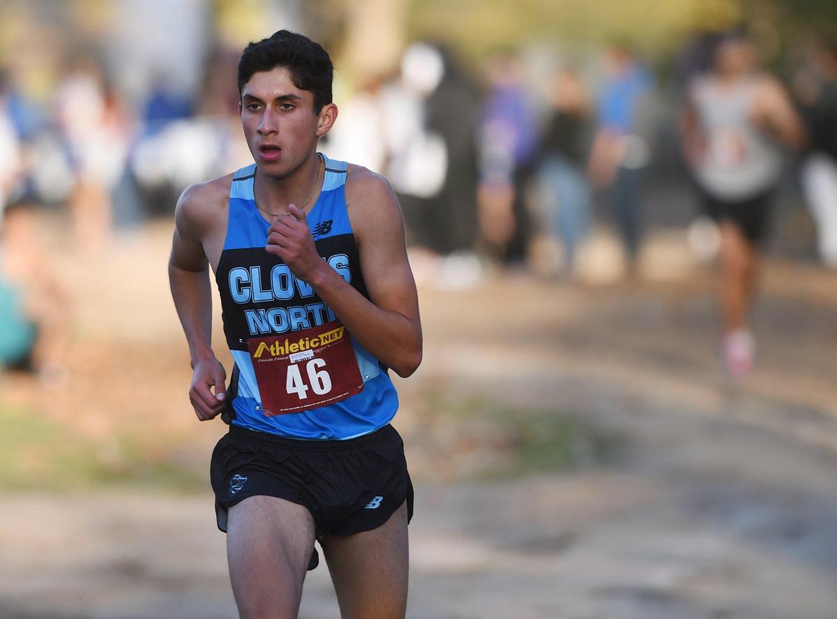 Clovis North’s Isaiah Galindo leads the pack at the Central Section Division I cross country championships held Thursday, Nov. 21, 2019 at Woodward Park in Fresno.