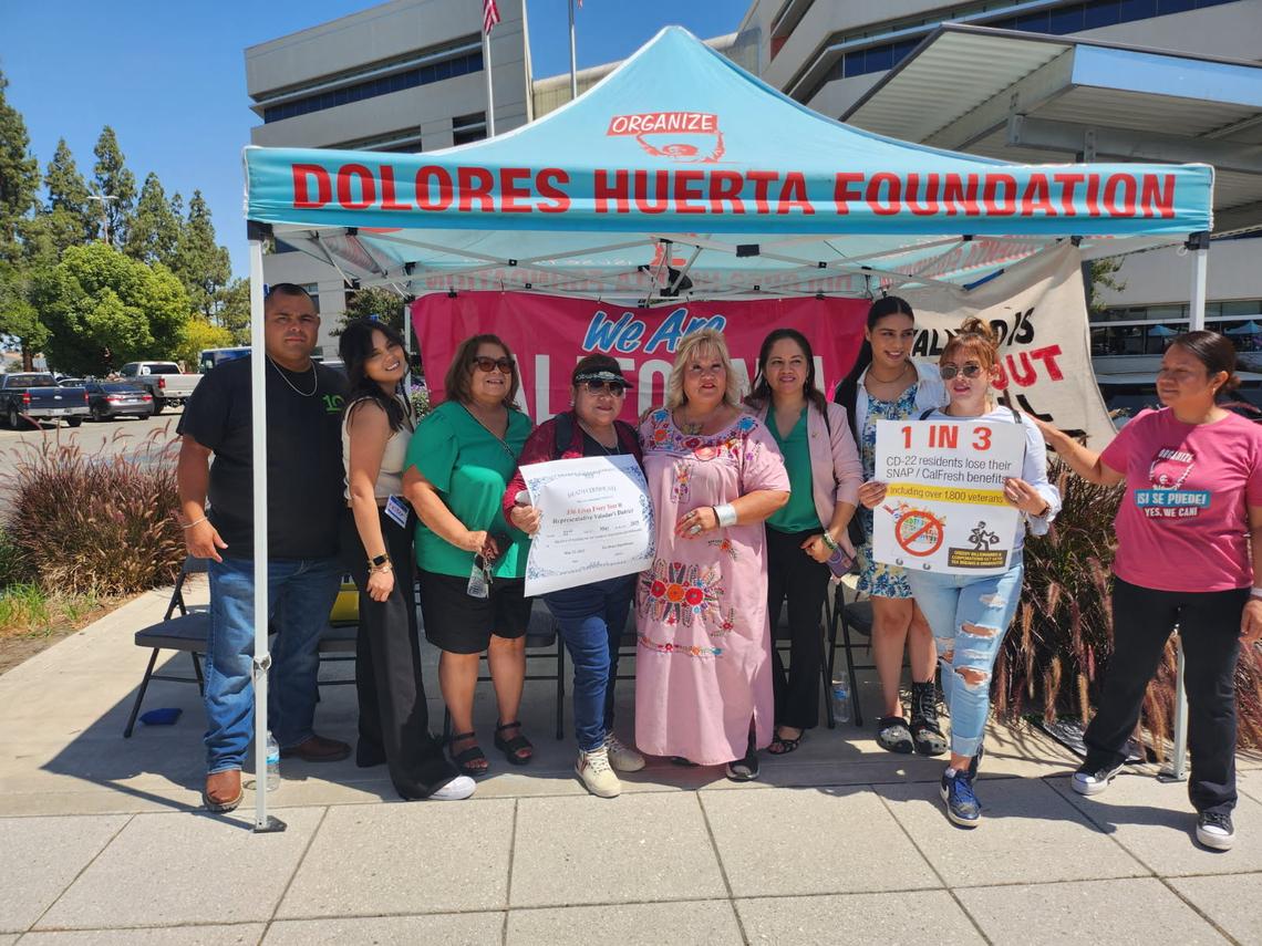 Constituents outside of Republican Rep. David Valadao’s Bakersfield office on Friday, May 23, calling out his vote to pass the proposed cuts to Medicaid.