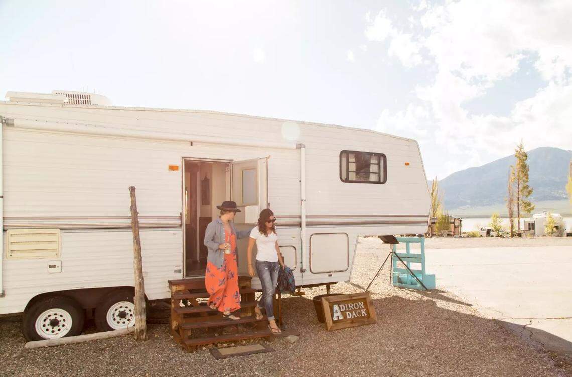 An RV available for rent at Paradise Shores Camp on the shores of Bridgeport Reservoir near Yosemite National Park in the Eastern Sierra.