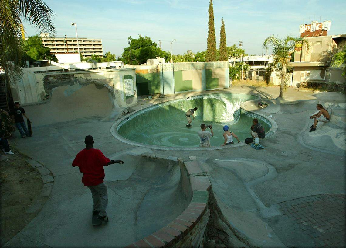 Skateboarders use the pool and surrounding area at the abandoned Vagabond Motel in downtown Fresno in April 2004.