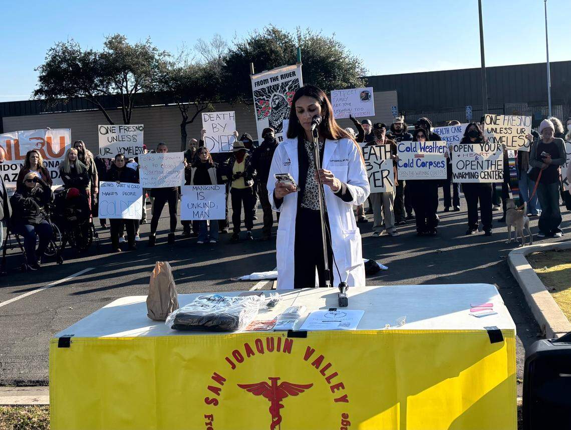 Dr. Farah Karipineni, a Fresno area doctor, speaks at a press conference at the Ted C. Wills Community Center to urge city officials to raise the threshold for when the warming centers open on Monday Jan. 27, 2025.