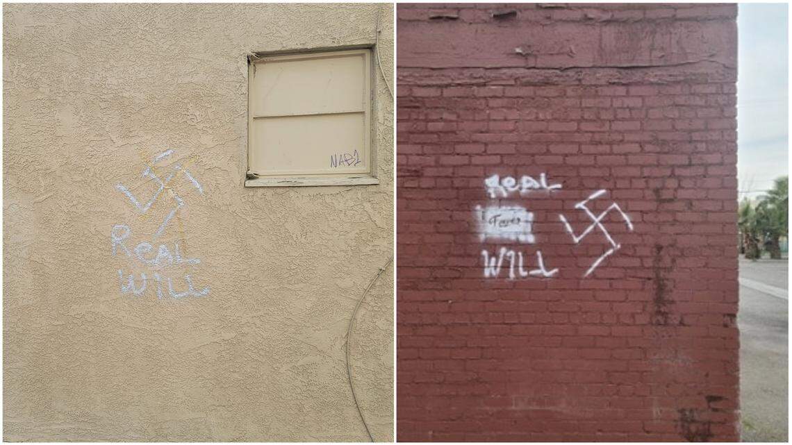 Graffiti featuring swastikas has appeared on two businesses in Fresno’s Tower District, where some businesses and residents are rallying each Sunday trying to block sale of the Tower Theatre to a local church.