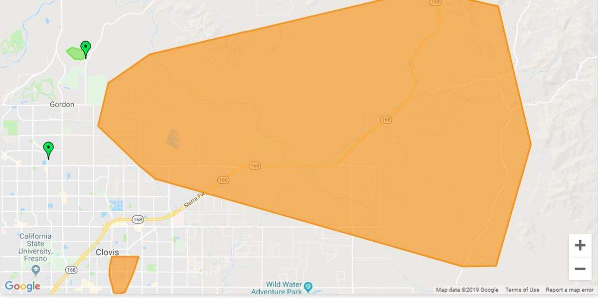The largest area without power in Fresno County occurred northeast of Clovis after a severe thunderstorm struck through the central San Joaquin Valley on Thursday night. PG&E said about 13,800 customers in the Fresno area were without power, including about 3,800 customers in the large orange area of this map.