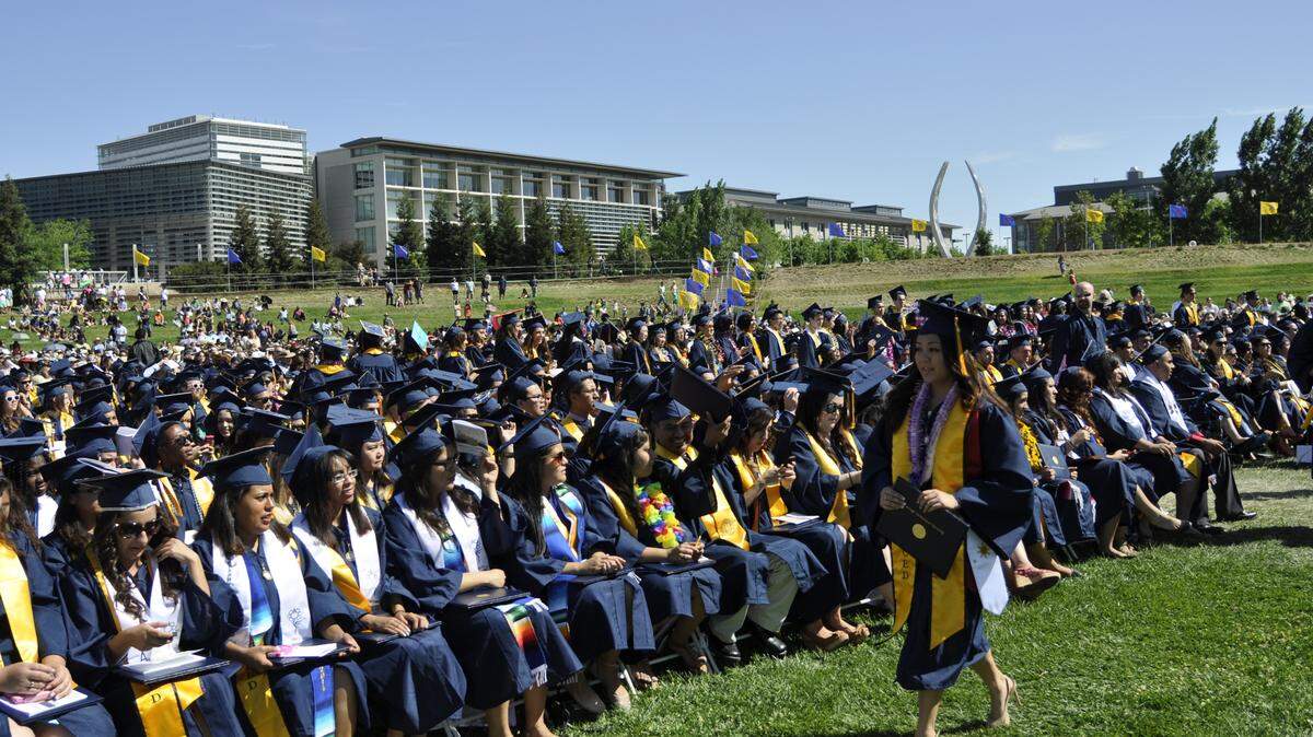 UC Merced has announced it will hold in-person ceremonies in 2022, more than two years after the COVID pandemic changed graduation ceremonies. Shown here, a photo of UC Merced’s graduation ceremony years before COVID.