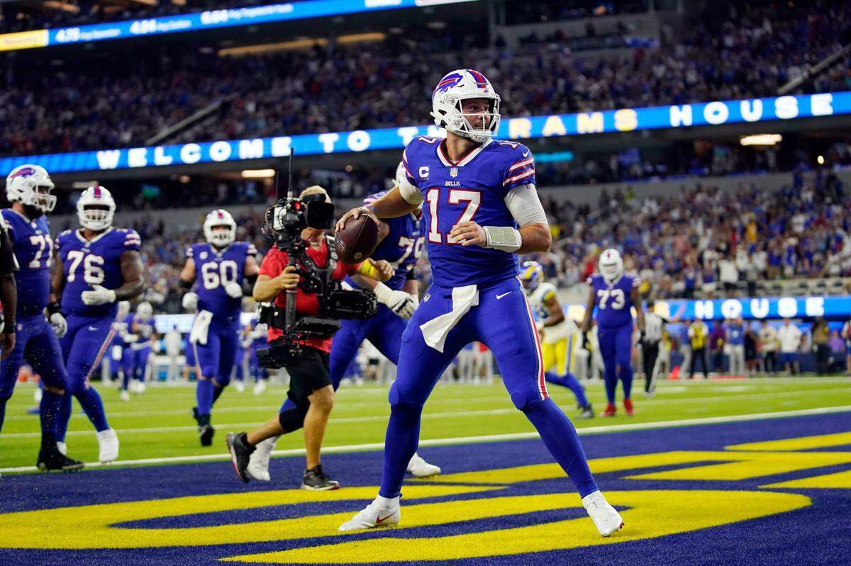 Buffalo Bills quarterback Josh Allen stands in the end zone after a rushing touchdown during the second half of an NFL game against the Los Angeles Rams Thursday, Sept. 8, 2022, in Inglewood.