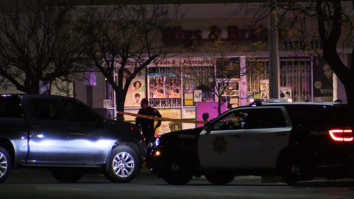 Fresno Police investigate an officer-involved shooting near the department’s substation on Saturday, March 18, 2023. The man later died at the hospital.