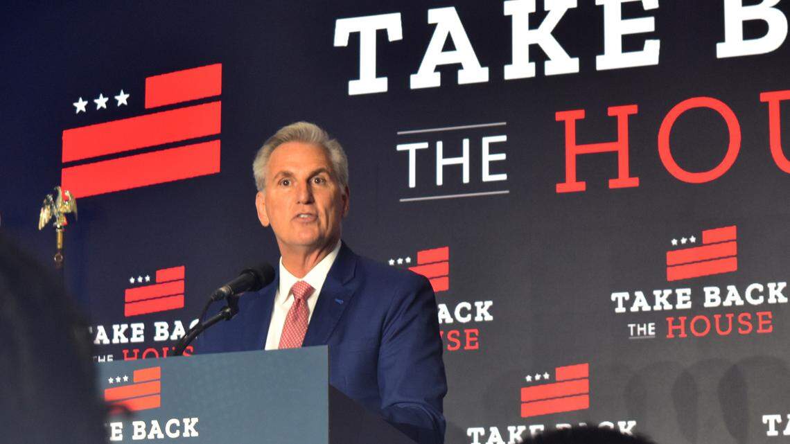 House Minority Leader Kevin McCarthy, R-Bakersfield, speaks to supporters and reporters at the “Take Back the House” election watch party in Washington, D.C., around 2 a.m. Eastern Time on Wednesday, Nov. 9, 2022. McCarthy is likely to become the next Speaker of the House.